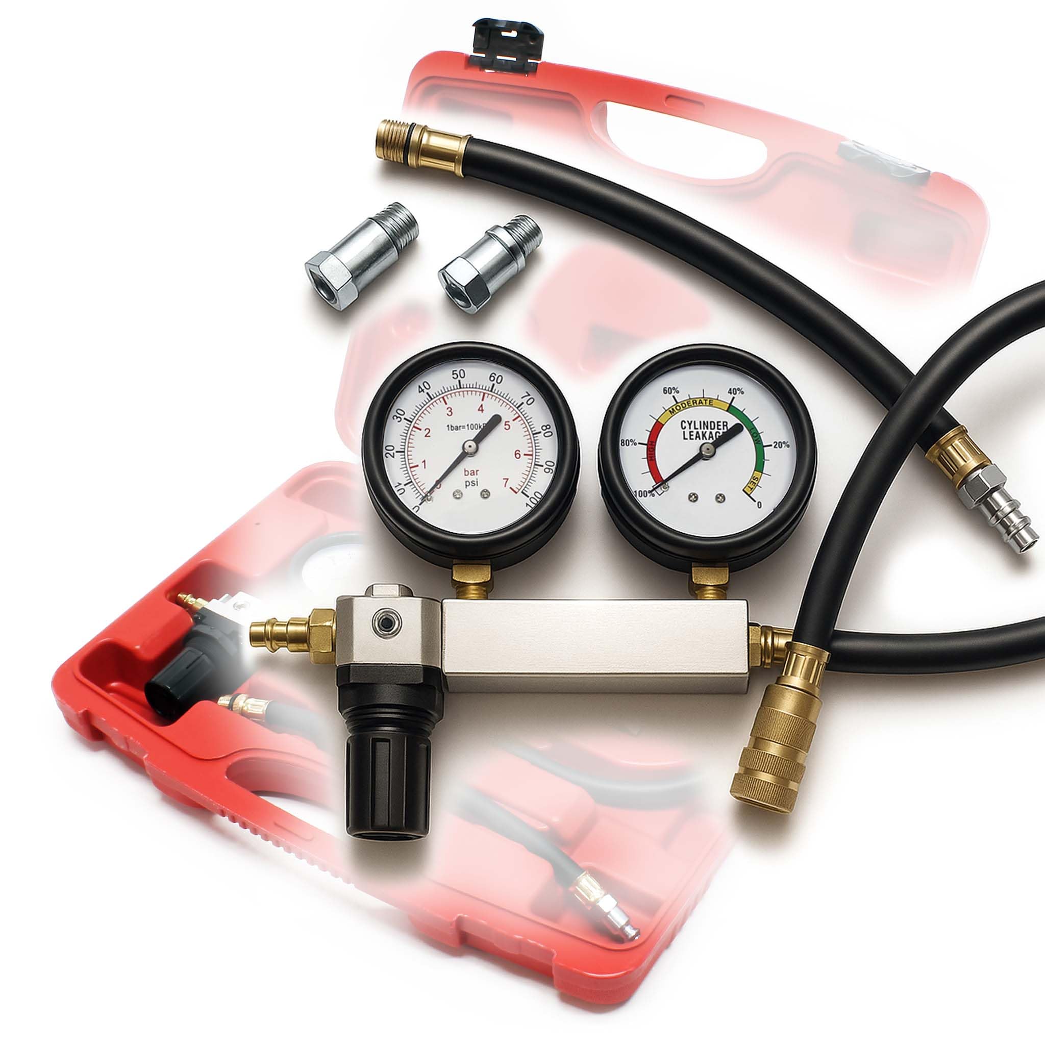 Wiltec Tester compressione motori a benzina, con adattatori, set per test di perdita del cilindro