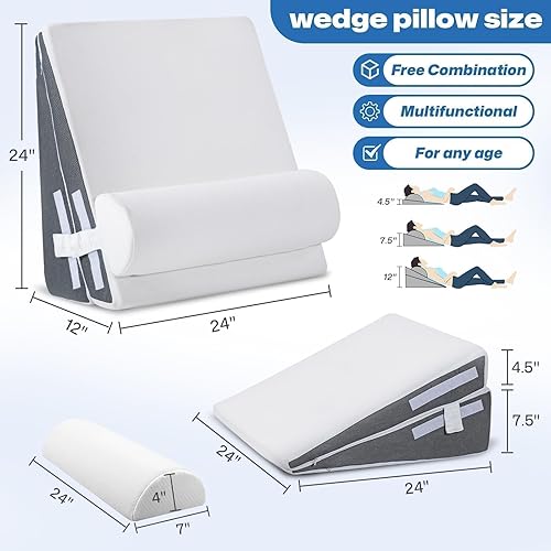 Miniatura 3 de GOHOME Almohada de cuña de cama con parte superior de espuma viscoelástica de enfriamiento extraíble, almohada triangular de bambú 3 en 1 para