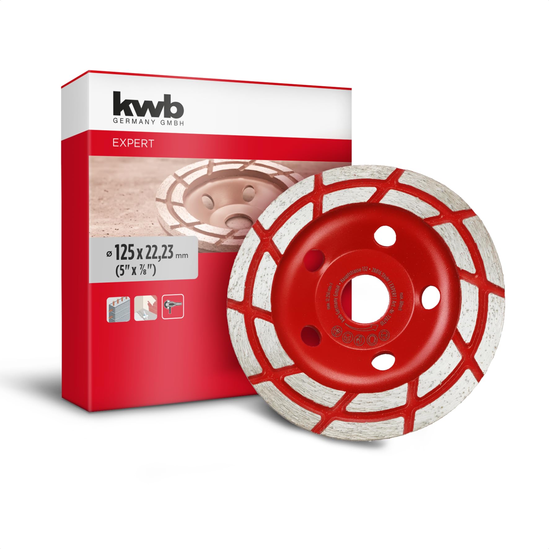kwb mola a tazza diamantata, disco diamantato (con bordo a 2 file, Ø 125 mm, per smerigliatrici angolari, ideale per calcestruzzo con armatura, intonaco, massetto e colla per piastrelle)