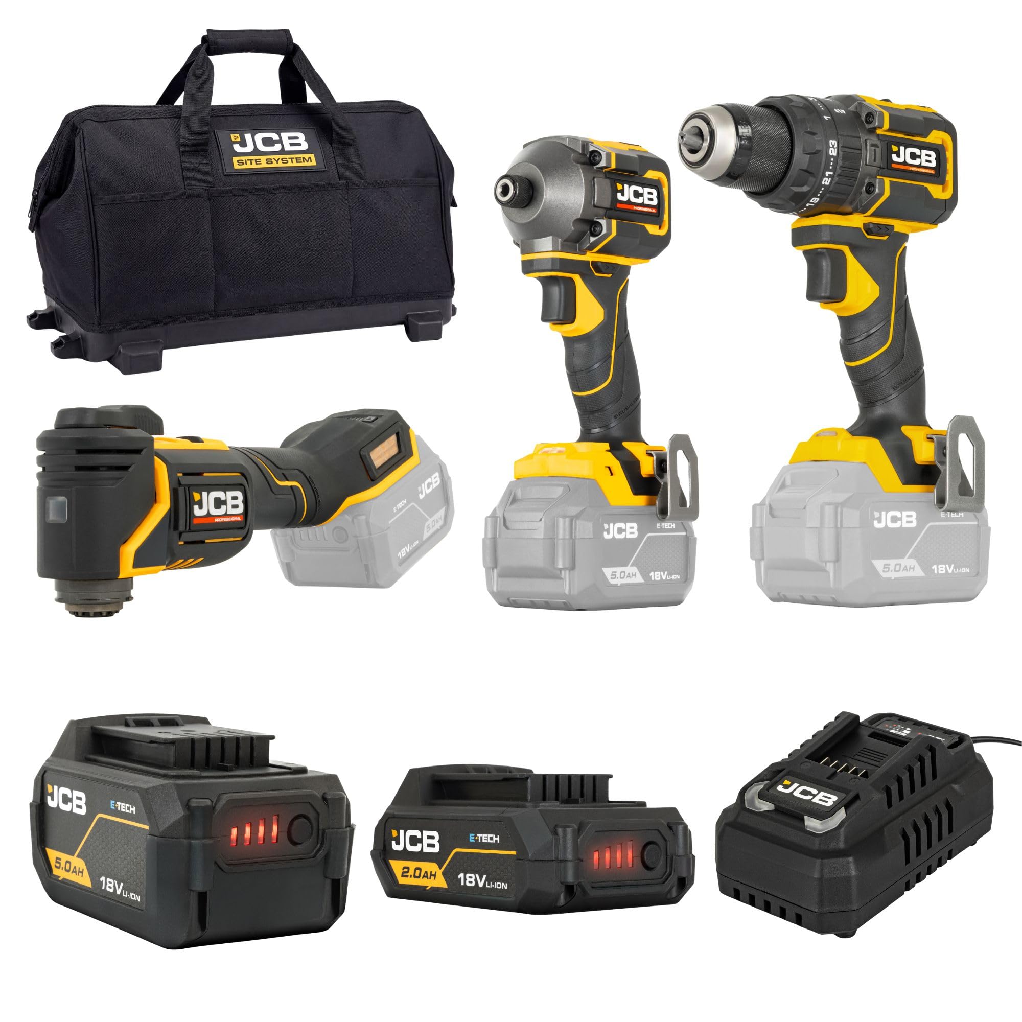 Jcb Pro 18V 3-Piece Kit, 75Nm Combi Drill, 230Nm Impact Driver, Multi Tool, 2Ah & 5Ah Batteries, 4.5A Fast Charger & Tool Bag | -18Pkit-6