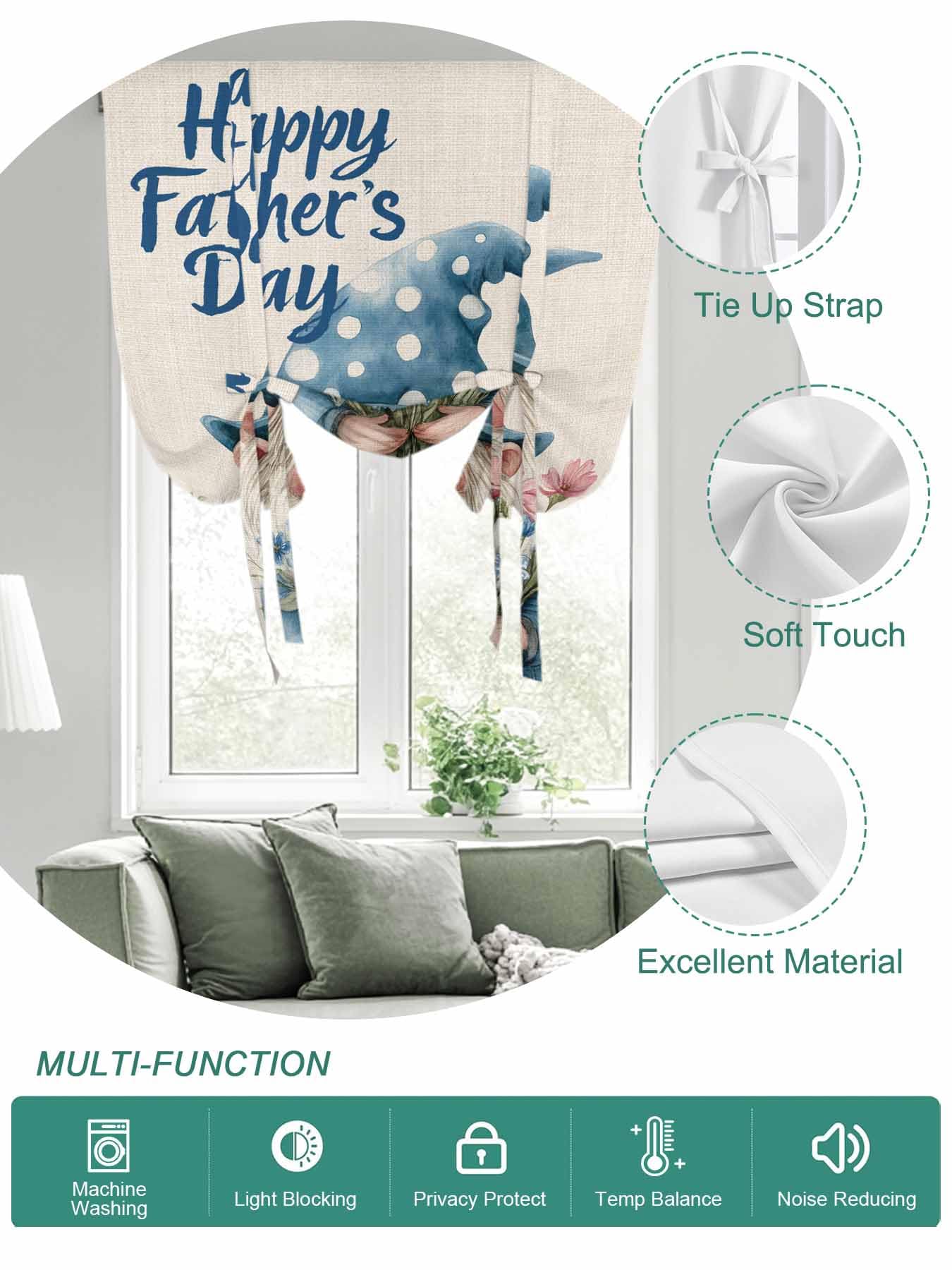Tie Up Curtains for Windows Happy Father's Day Roman Shade 52 x 45 Inch Bathroom Curtains Window Blue Gnomes Floral Linen Rod Pocket Short Balloon Curtains for Living Room Kitchen Small Blinds