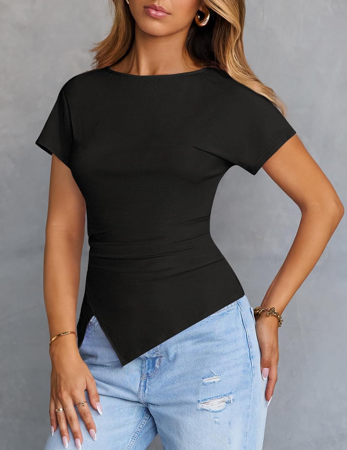 MEROKEETY Women's Summer Asymmetrical Tops 2026 Short Sleeve Boat Neck Ruched Slim Going Out T-Shirts Trendy Y2K Clothes - Image 2