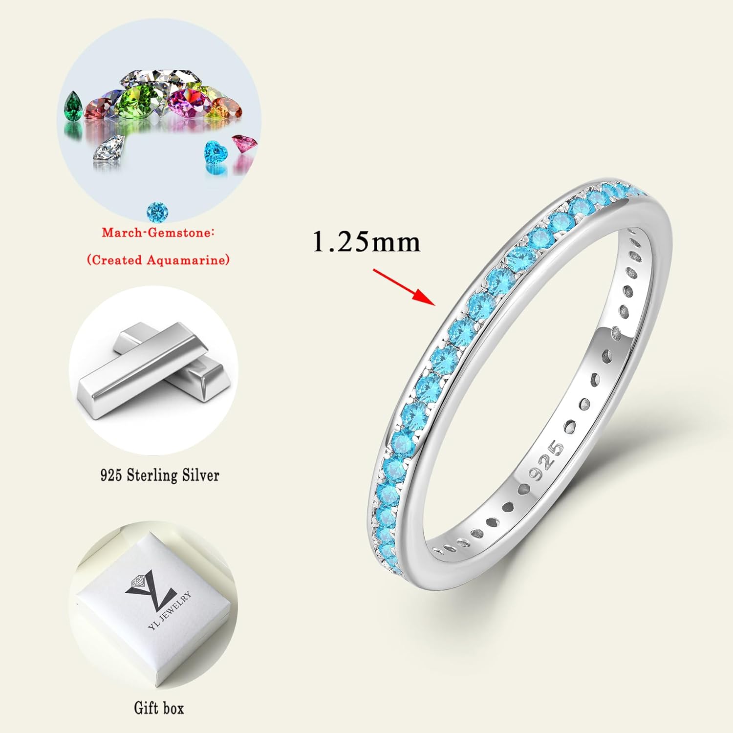 YL Women's Stackable Ring 925 Sterling Silver Eternity Bands Birthstone Stacking Rings