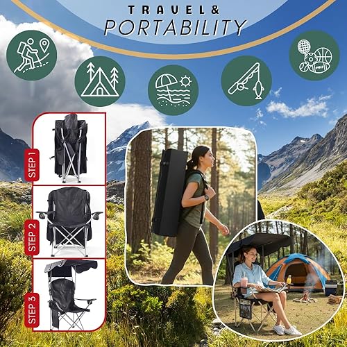 Miniatura 3 de Sillas de camping plegables portátiles con toldo y toldo para adultos, tela Oxford 600D duradera resistente a la intemperie, silla de camping con