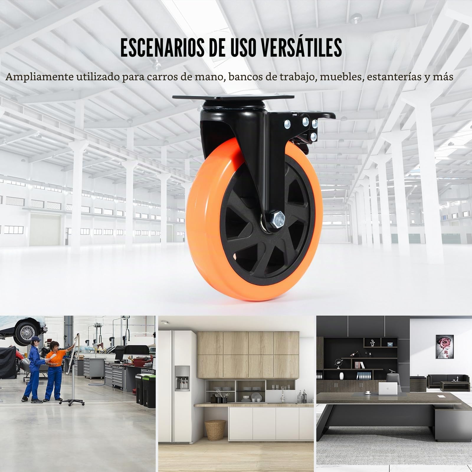 VEVOR Ruedas Giratorias con Placa Juego de 4 Ruedas para Muebles, Ruedas Silenciosas de PVC de 152,4 mm con Freno de Bloqueo A/B, Capacidad de Carga de 318 kg por Rueda para Carros de Banco de Trabajo