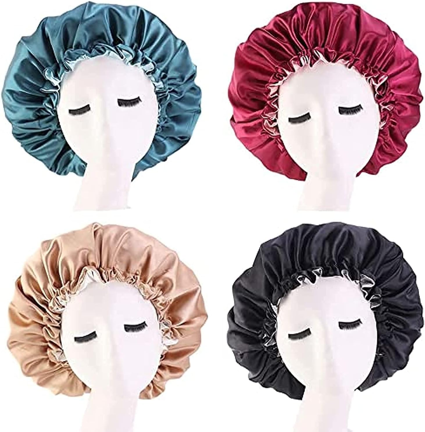 4 PCS Silk Satin Hair Bonnet - Extra Large Double Layer Reversible Adjustable Cap for Natural Curly Hair Sleeping Women