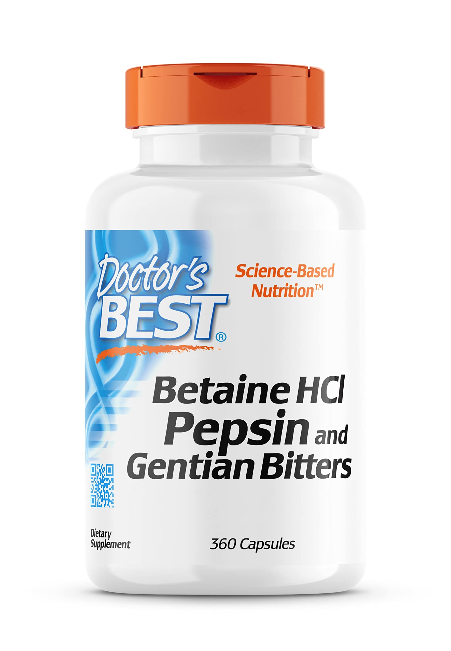 Doctor's Best, Betaine HCI avec Pepsine et Gentiane Amère, 650 mg, 360 Capsules molles, Hautement Dosé, Testé en Laboratoire, Sans Soja, Sans Gluten, Non-GMO