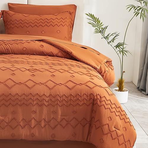 EMME Queen Comforter Set - 7 Pcs Pumpkin Boho Bedding Sets, Full Size Tufted Comforter with Sheets, Shabby Chic Embroidery Queen Bed Set Fluffy Bed Bag for All Season(90"X90")