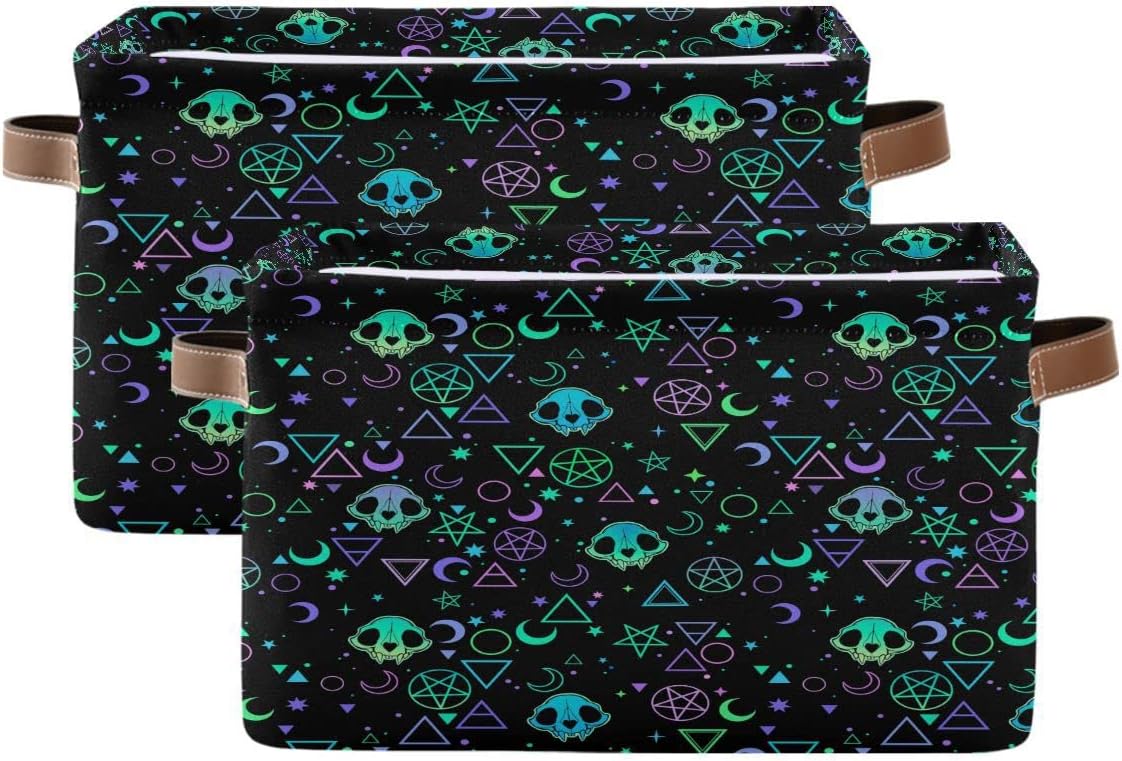Skull Magic Symbol Storage Basket Fabric Kitchen Baskets Halloween Moon Stars Open Home Storage Bins Boxes Foldable Organizer Bag for Baby Cloth Pet Toy Book Shelf Closet Baskets 16×12×8 Inches