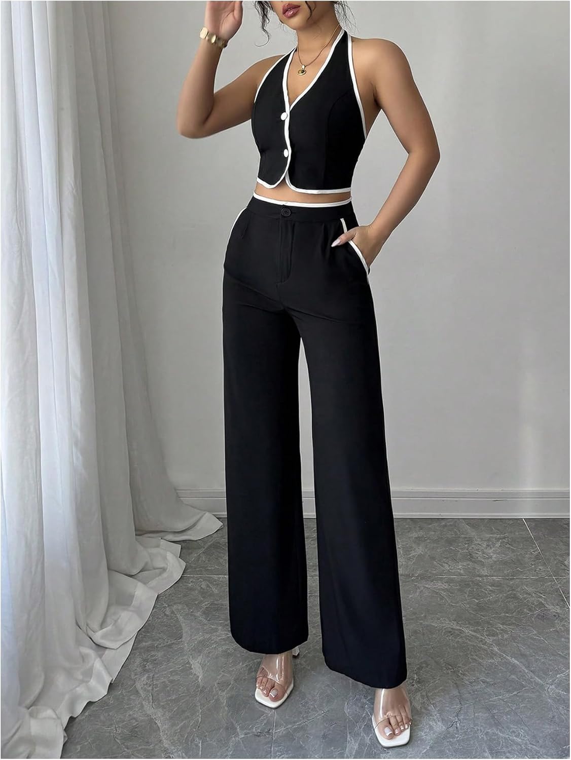 SOLY HUX Women's Summer 2 Piece Outfits Halter Crop Tops and Wide Leg Pants Business Casual Sets - Image 4