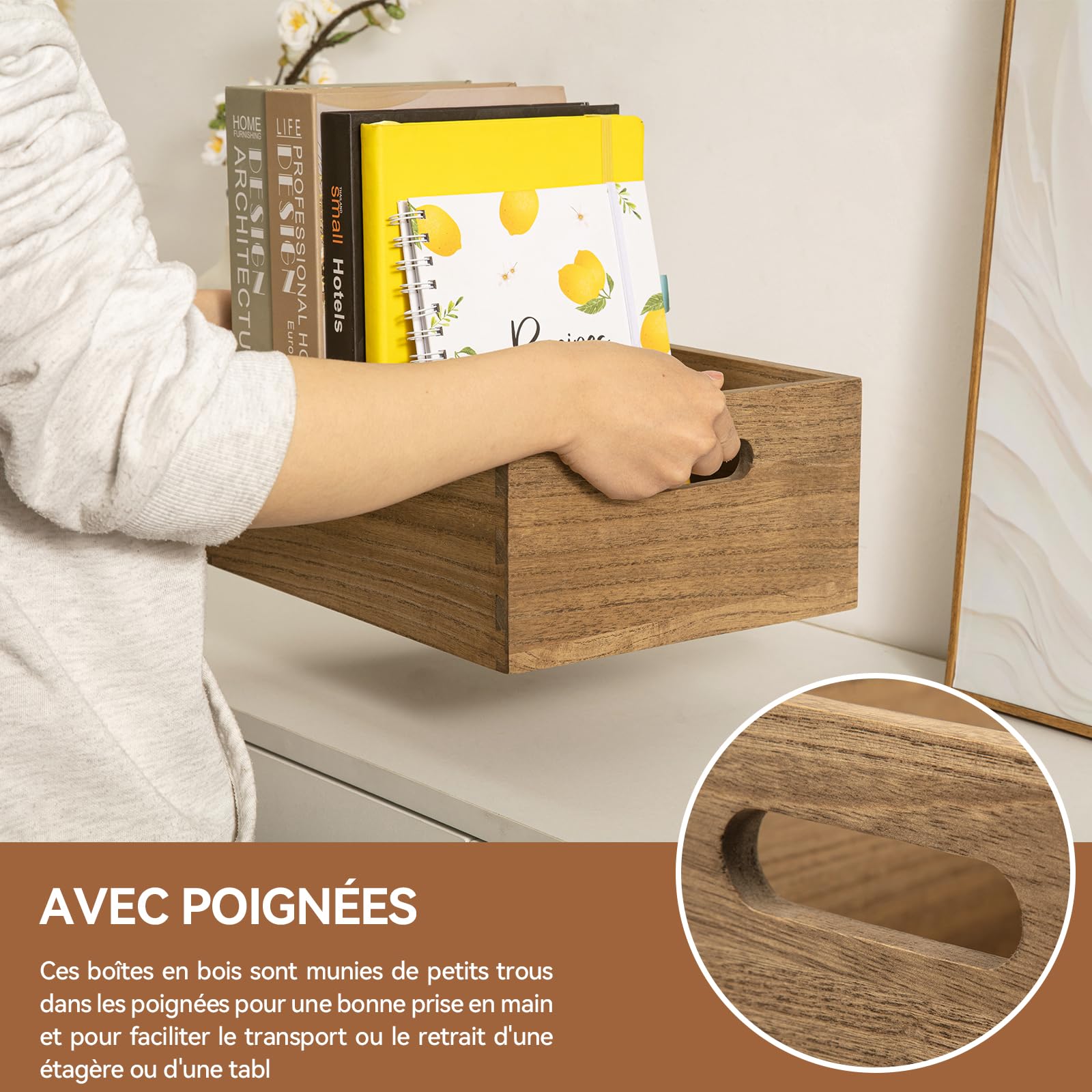 3 Boîtes De Rangement En Bois Kirigen - Style Ferme - Emboîtables Avec Poignées - Naturel