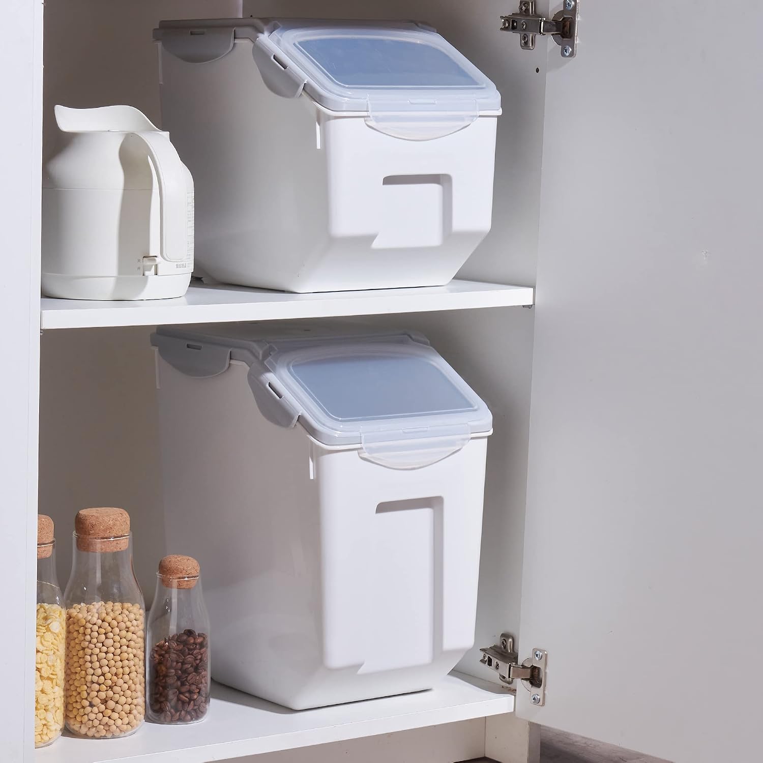 HANAMYA 10 Liter / 20 lbs Rice Storage Container with Measuring Cup, BPA free, For Rice | Grain | Pet Food | Flour, 2 count, White & Gray