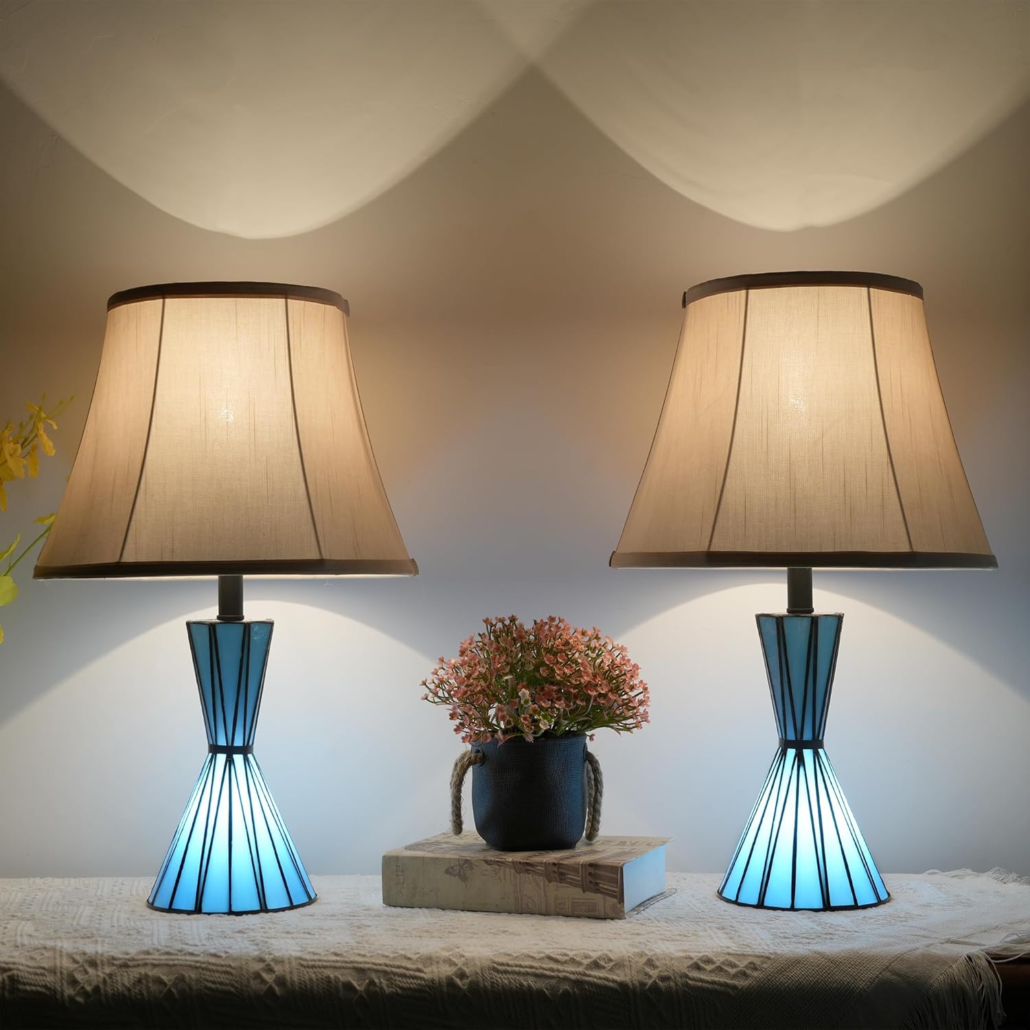 Table Lamps Set of 2, 3-Way Dimmable Modern Glass Table Lamps for Living Room with Stained Glass Night Lights 21" Bedside Desk Lamps for Nightstand for Home Decorations