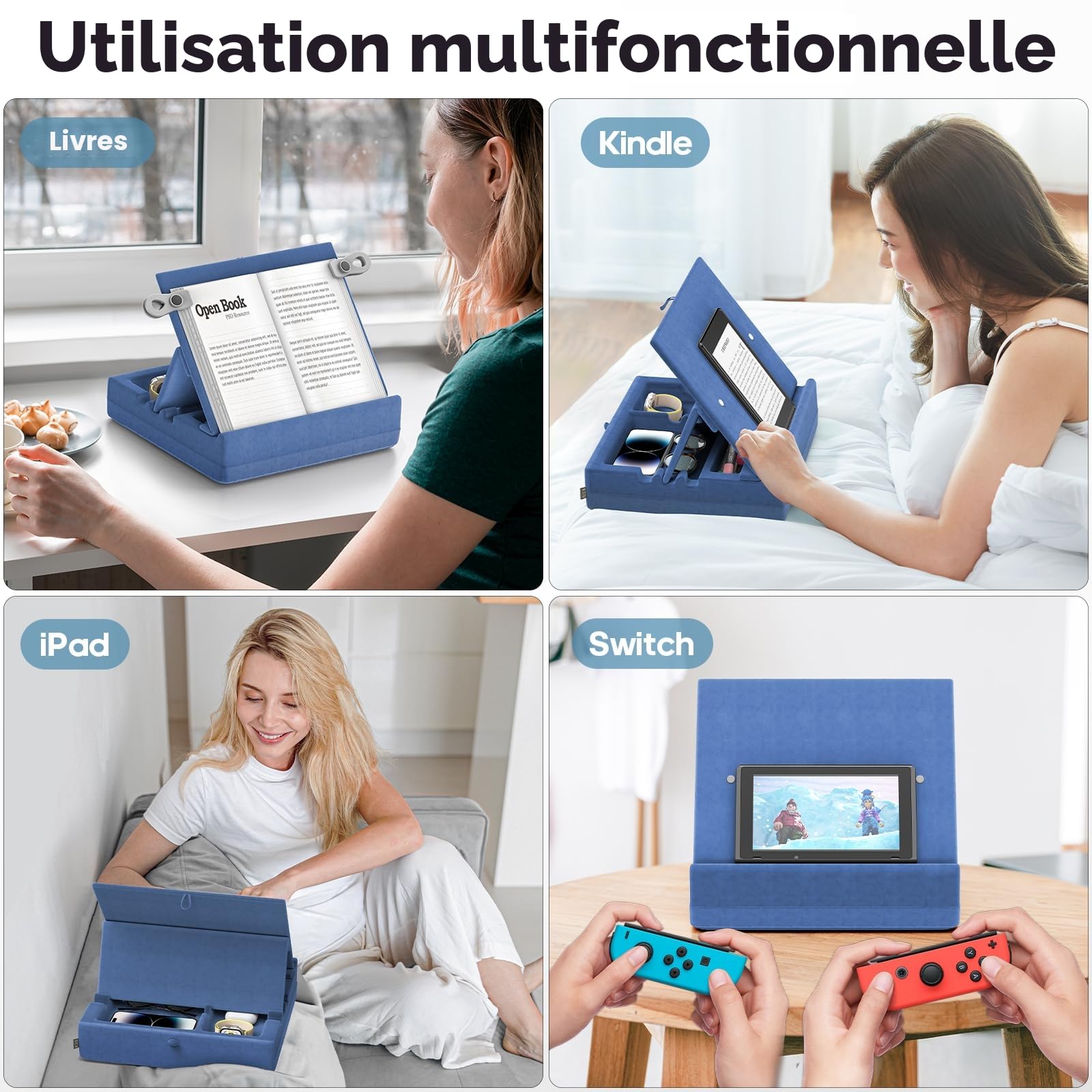 KDD Support Livre avec Rangement, Coussin Porte de Livres à Angles Multiples, Coussin Tablette pour Genoux, Lit et Canapé, Support Tablette Pliable avec Organisation pour ipad, Lecteur, Bleu