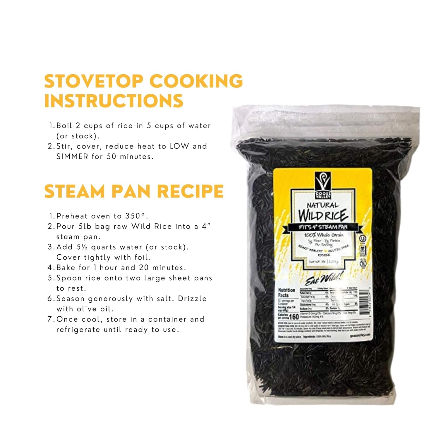 4 Set - Goose Valley Natural Wild Rice - Family Reserve 5 lbs - Variety of Jumbo High Fiber and High Protein Whole Grain Rice for Healthy Heart