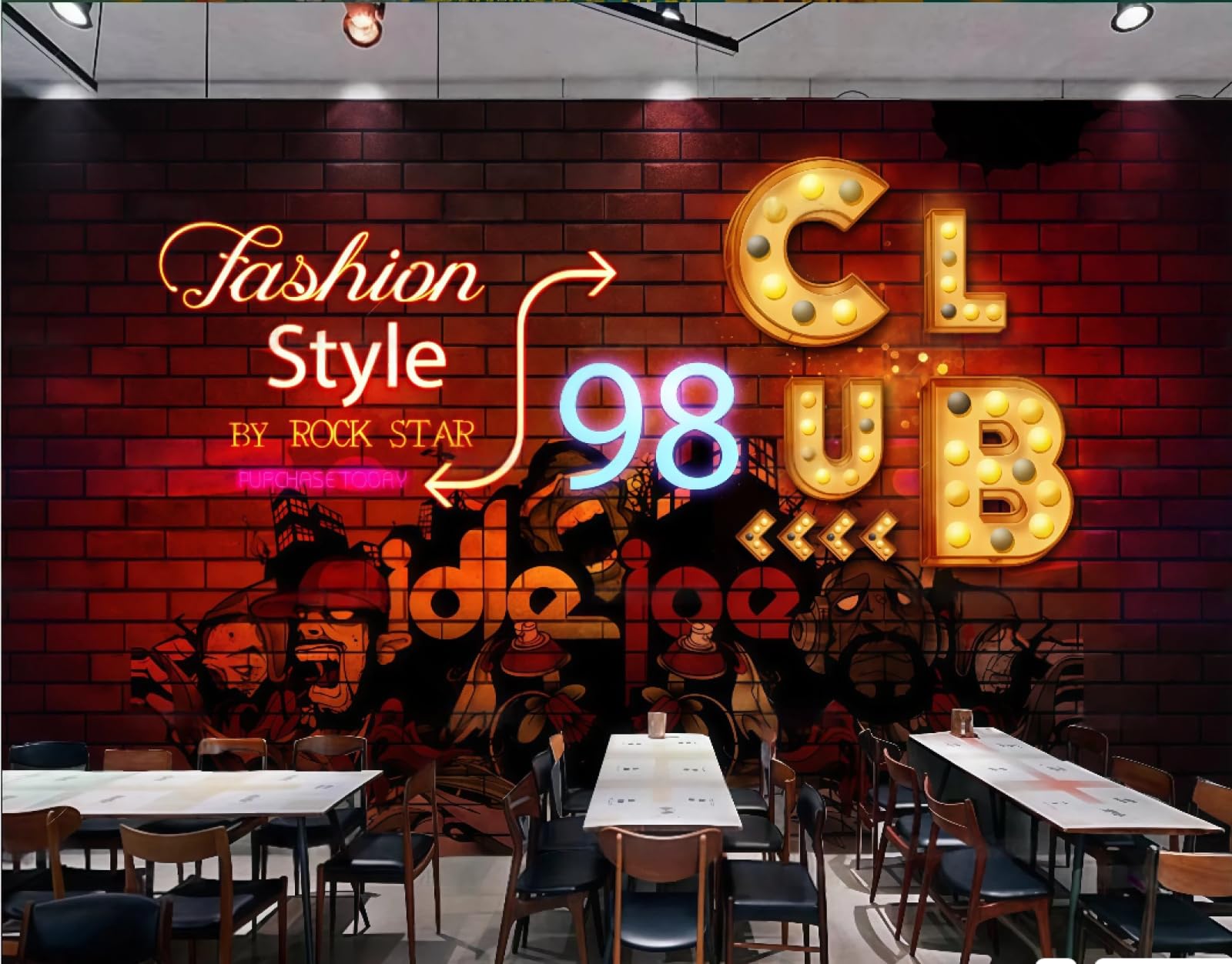 rskjdghshd Wallpaper Retro Brick Wall Hand-Painted Trendy Music Graffiti Theme Afternoon Tea Drink Shop Bar Club Background Wall Western Restaurant Wallpaper Cafe Mural,3D,250x175cm