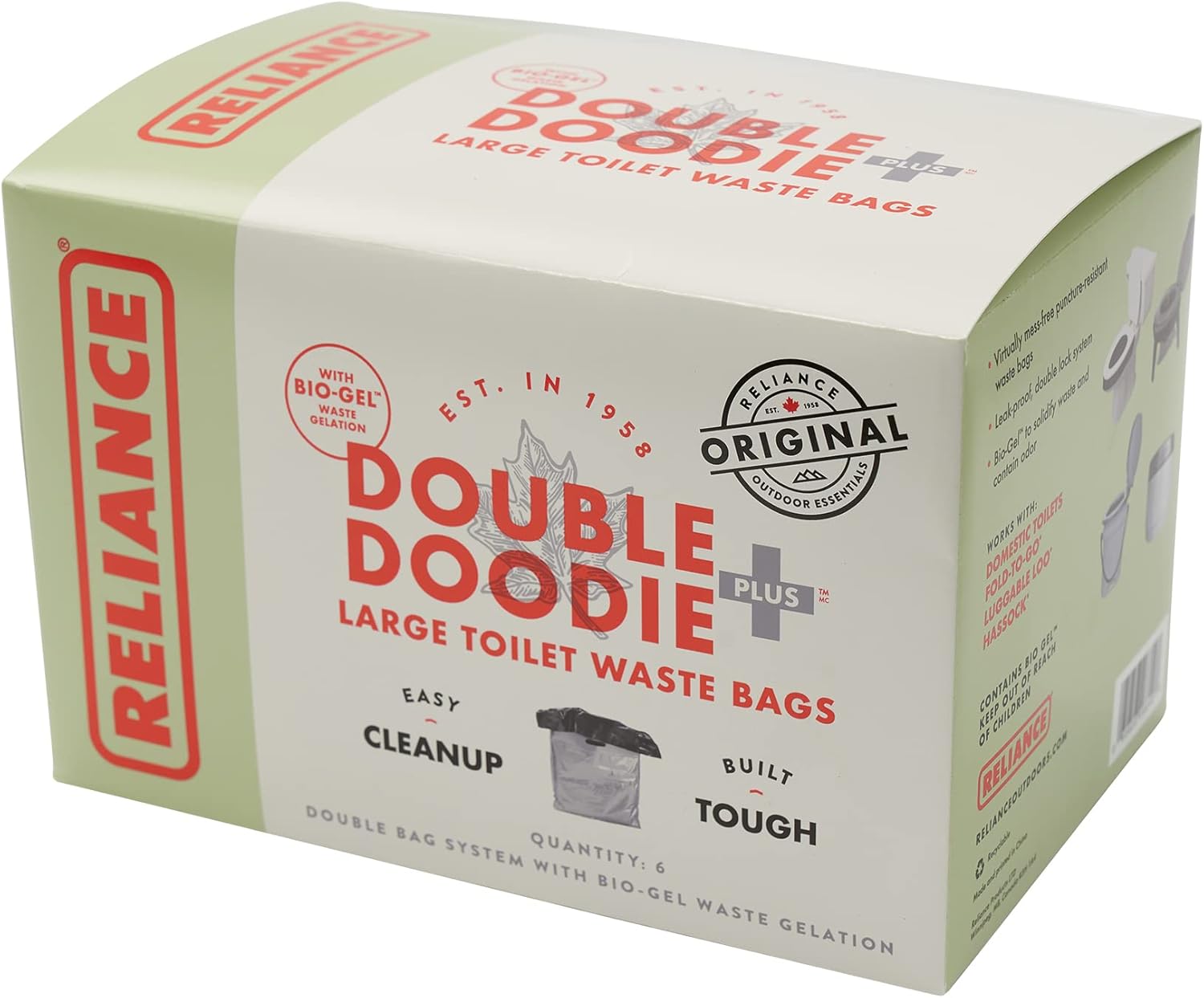 Reliance Products Double Doodie Plus with BIO-Gel | Large Portable Toilet Waste Bags | Family-Sized 6 Pack, Gray, 9.2 Inch x 4.9 Inch x 6.0 Inch
