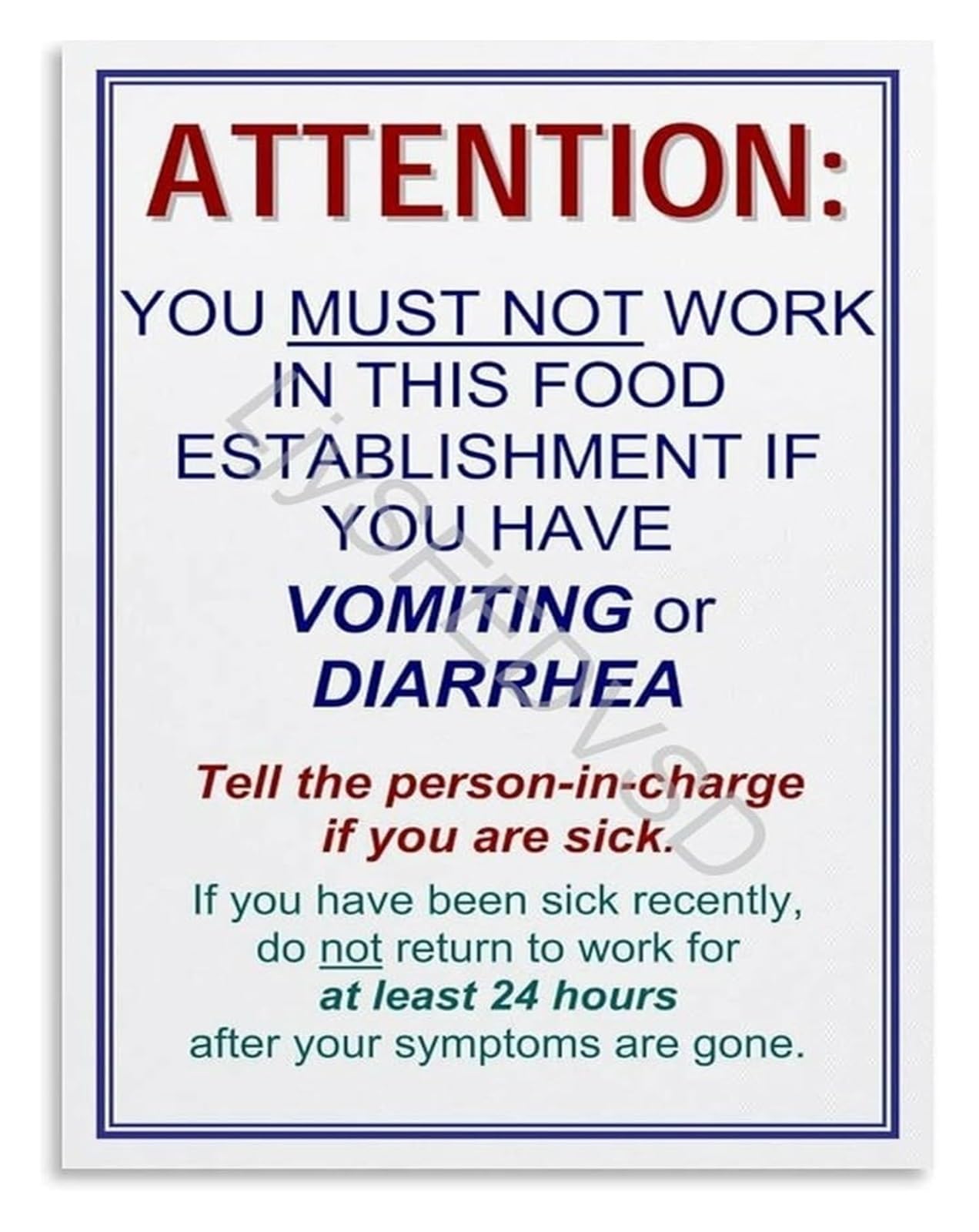 BIANMTSW Food Employee Illness Reporting Notice Health Department Compliance Poster For Restaurant Kitchen Staff Rules Unframed,16x24inch(40x60cm)