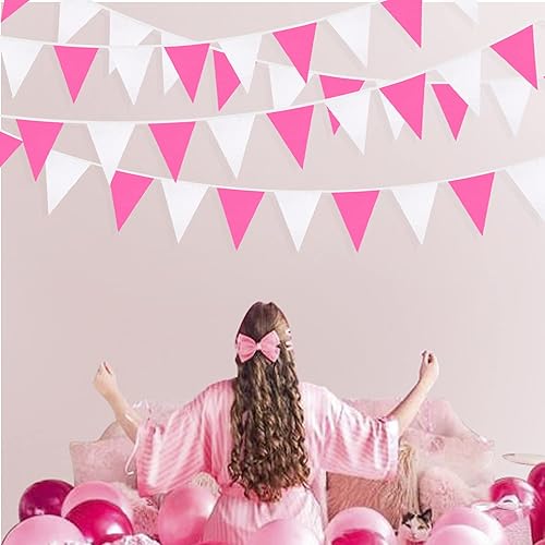 Vista 25 de Banderín rojo y blanco de 32 pies, banderines de tela triangular, guirnalda de banderines para boda, compromiso, despedida de soltera, aniversario