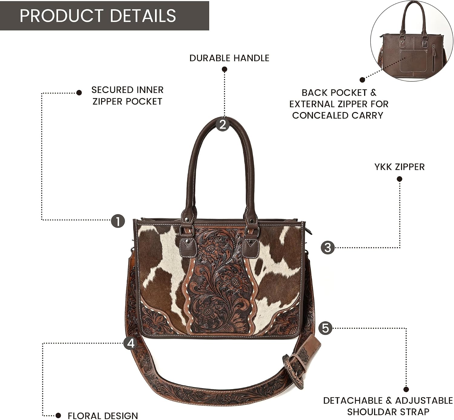 Merbaa Leather Tote Bag Western Cowhide Hair-On Tote Bag for Women Shoulder Bag Purse Handtooled With Adjustable Strap