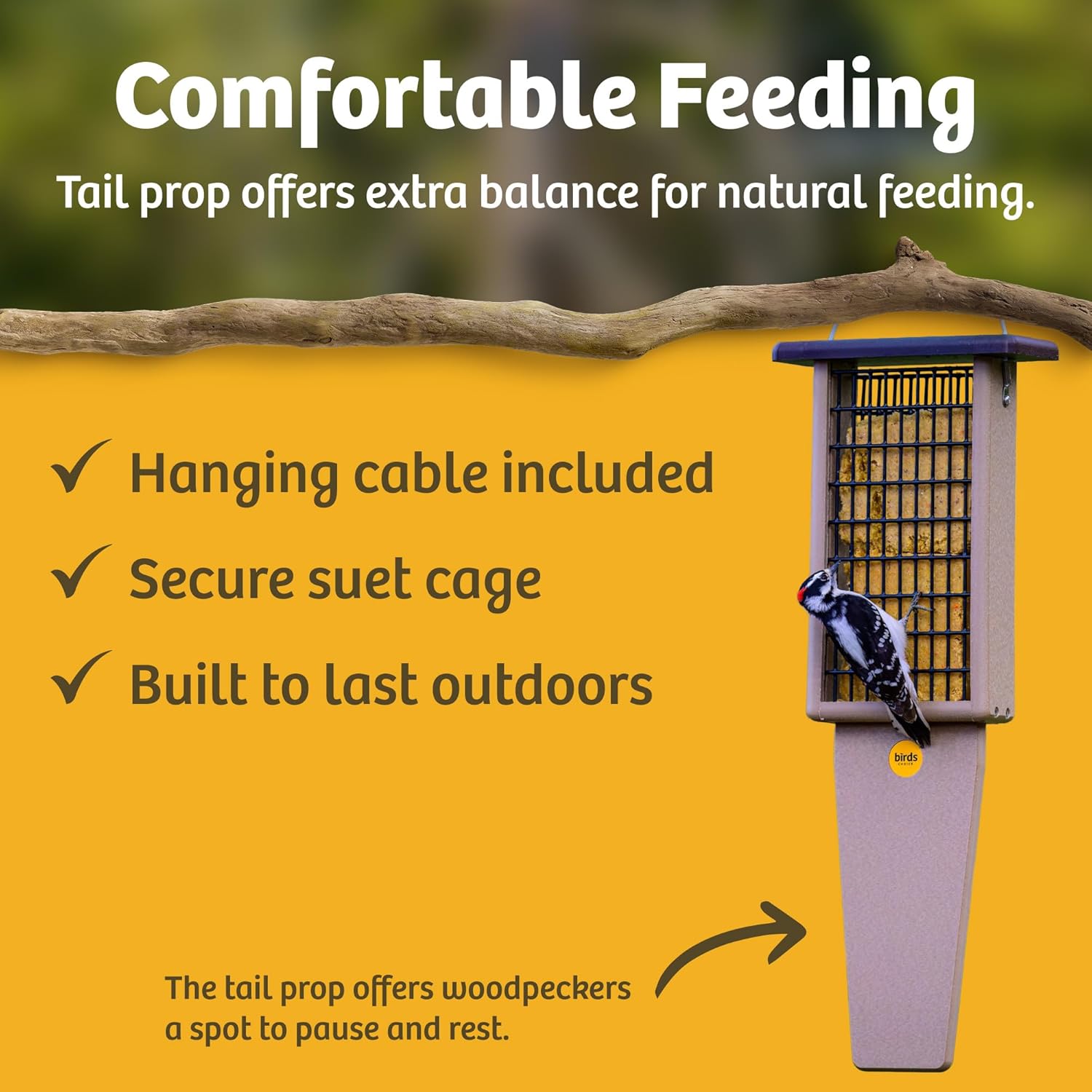 Birds Choice Pileated Suet Bird Feeder with Extra Long Tail Prop, Holds 2 Suet Cakes - Made from Durable Recycled Material, Taupe Base w/ Brown Roof, 8"L X 3"W X 22-1/2"H
