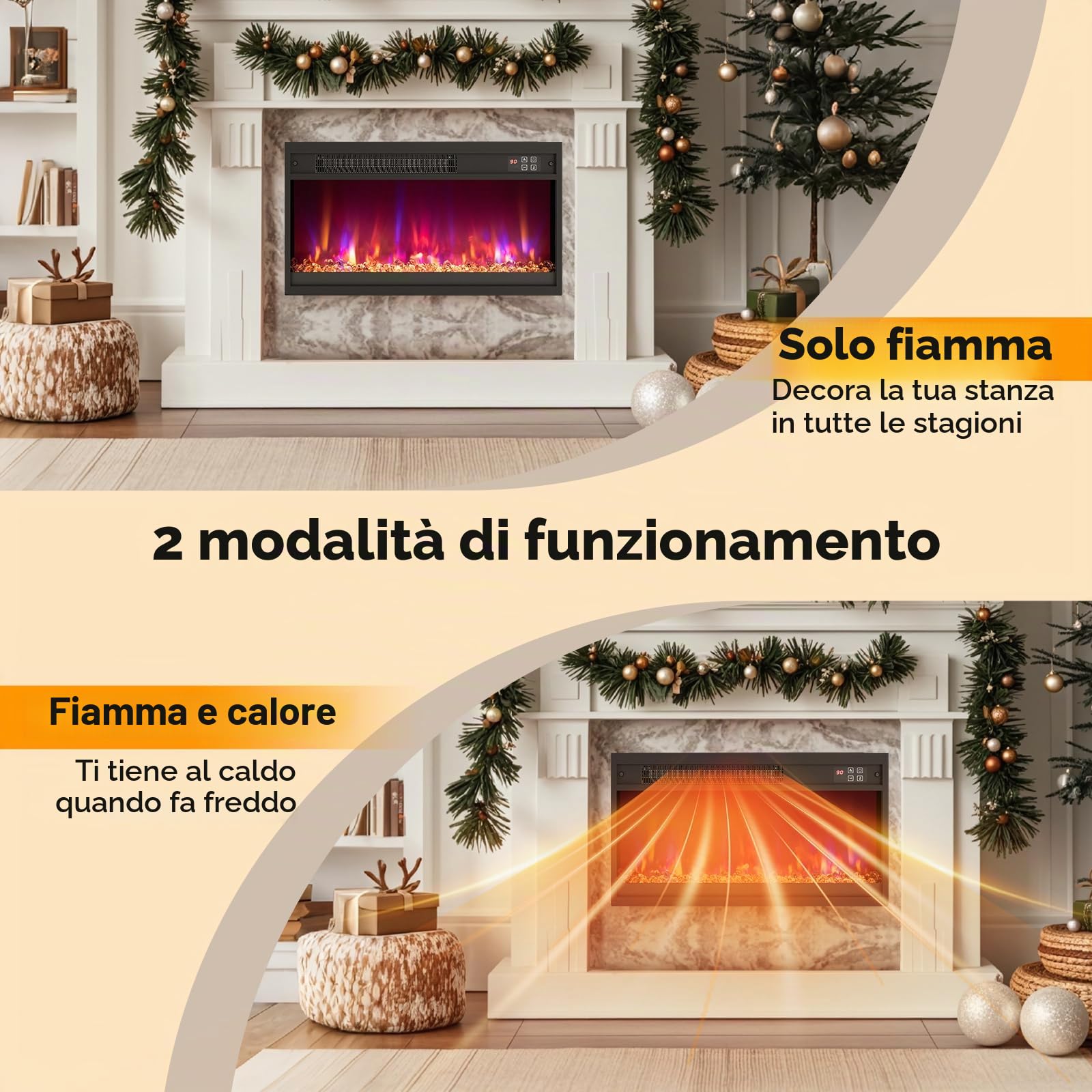SOARS Camino Elettrico 1500W, Caminetto Elettrico con Effetto Fiamma LED a 8 Colori, 3 Livelli di Luminosità,17-32℃, Protezione Anti Surriscaldamento, Telecomando (60,9 X 11,8 X 34,2 CM)