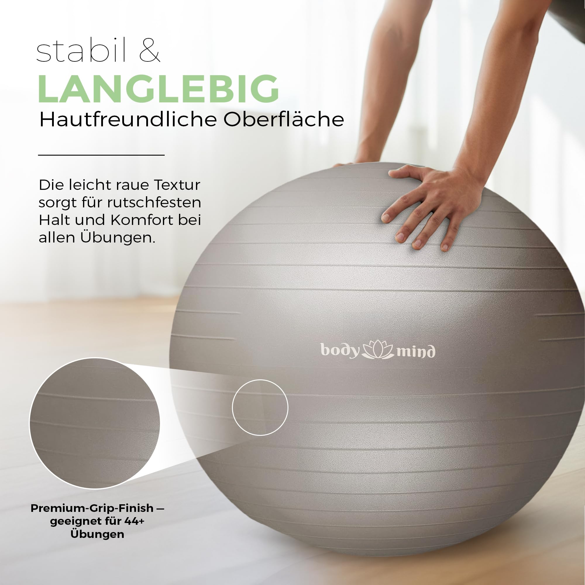 Body & Mind Gymnastikball inkl. Luftpumpe - Anti-Burst Pilates Ball, Pezziball für Schwangerschaft Ergonomischer Sitz als Büro-Stuhl, Sitzball für Yoga, Gymnastik & Workout