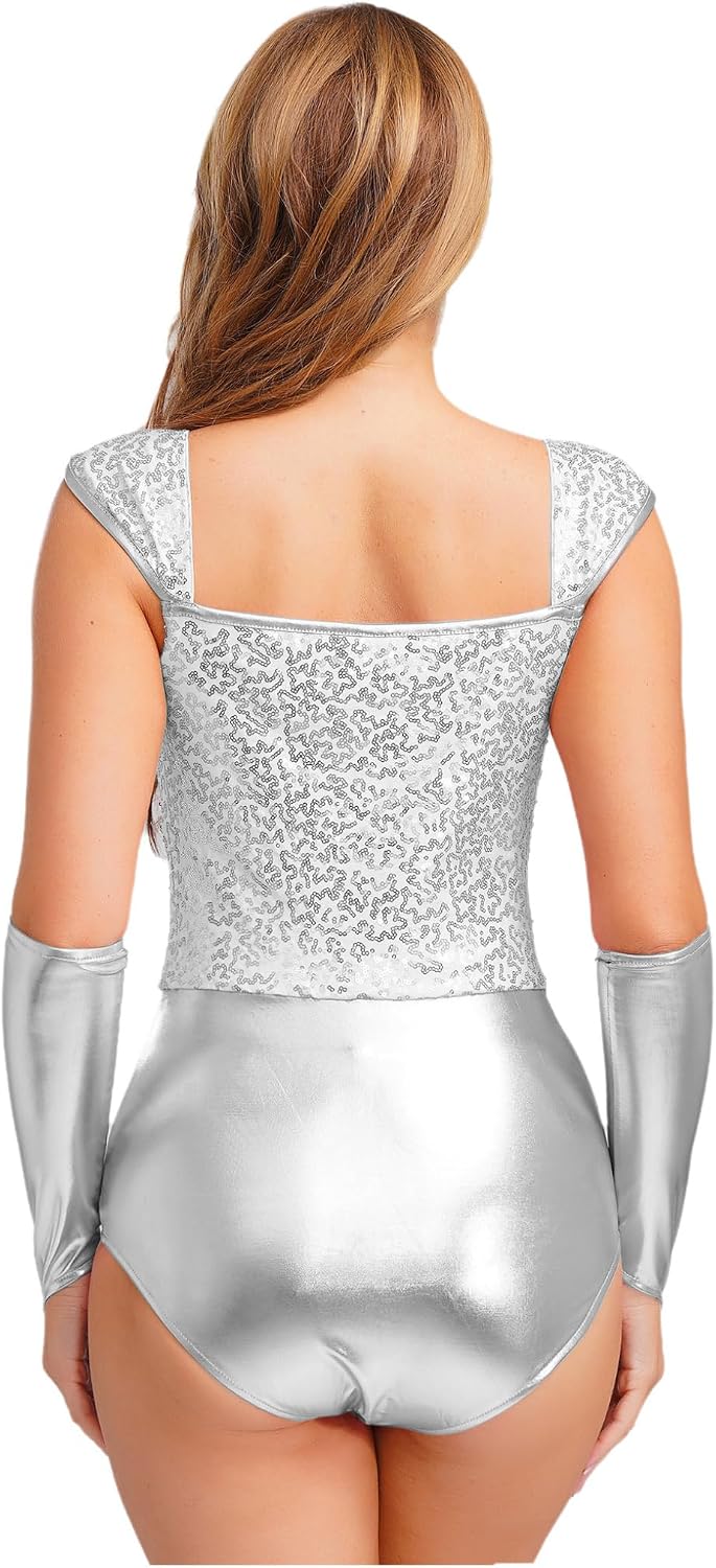Womens Glittery Sequins Metallic Bodysuit Tops Leotard with Sleeves Set Halloween Party Costumes