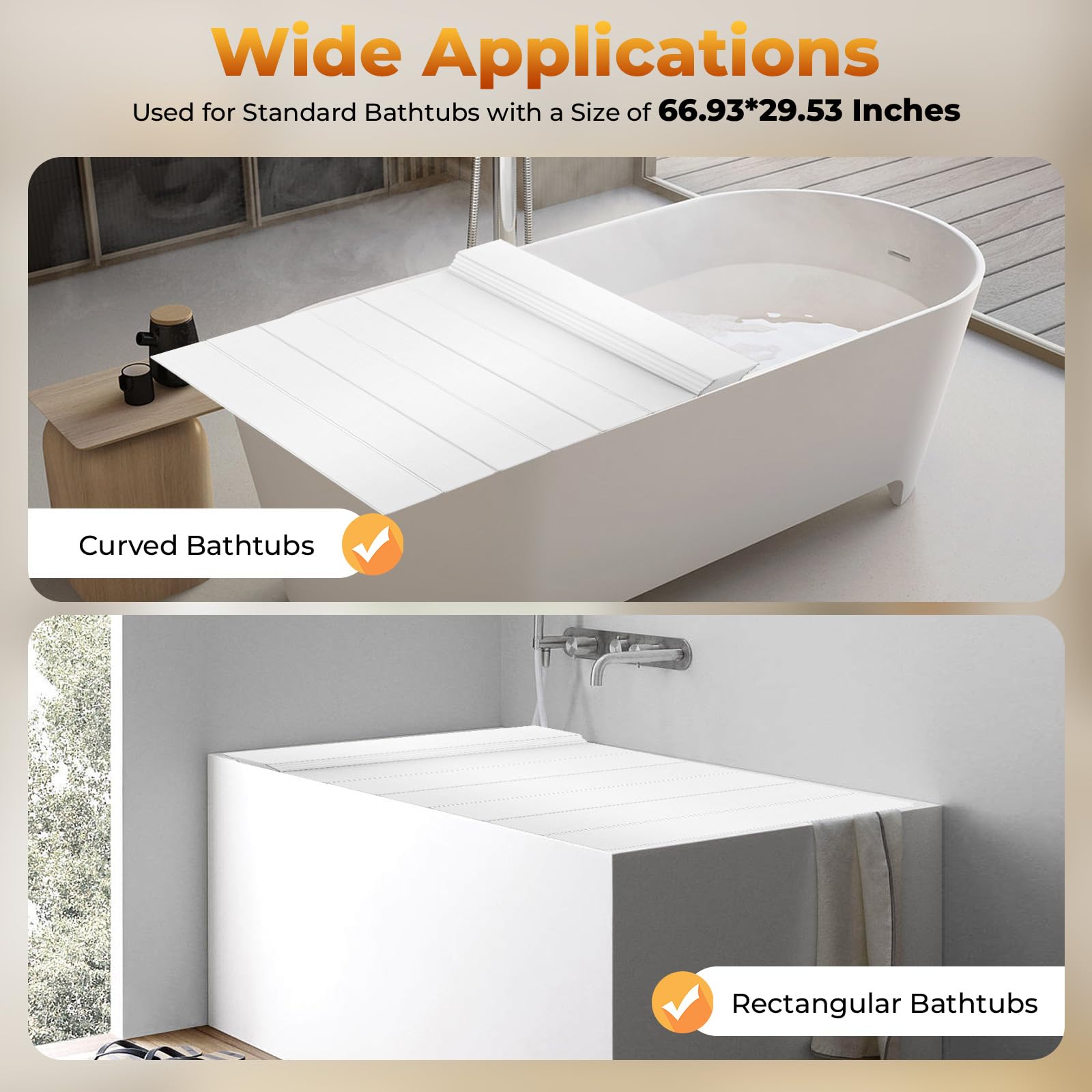 MINRS Housse de baignoire pliable - Étanche à la poussière - 170 x 70 x 0,65 cm - Isolation PVB - Charge maximale : 5 kg - Pour la maison, la salle de bain, le spa, grain de bois blanc