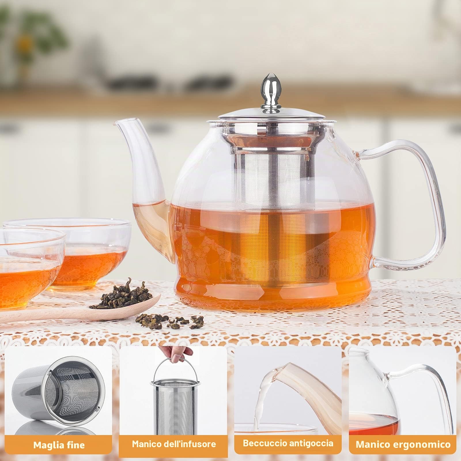 1200ML Teiera di vetro, Teiera con infusore, Teiera di vetro borosilicato per piano cottura, Teiera di tè in fiore, Teiera di tè in fiore, Teiera in vetro borosilicato