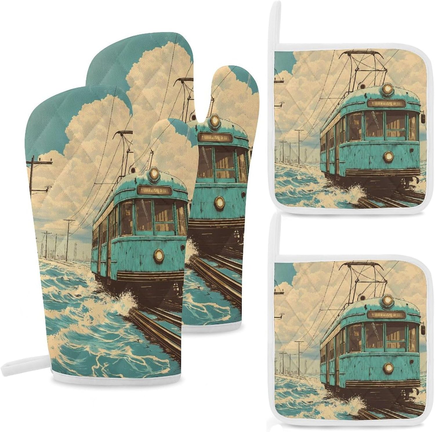 Vintage Old Japanese Train On Water Oven Mitts and Pot Holders 4Pcs Set Heat Resistant Cooking Mitts Hot Pads