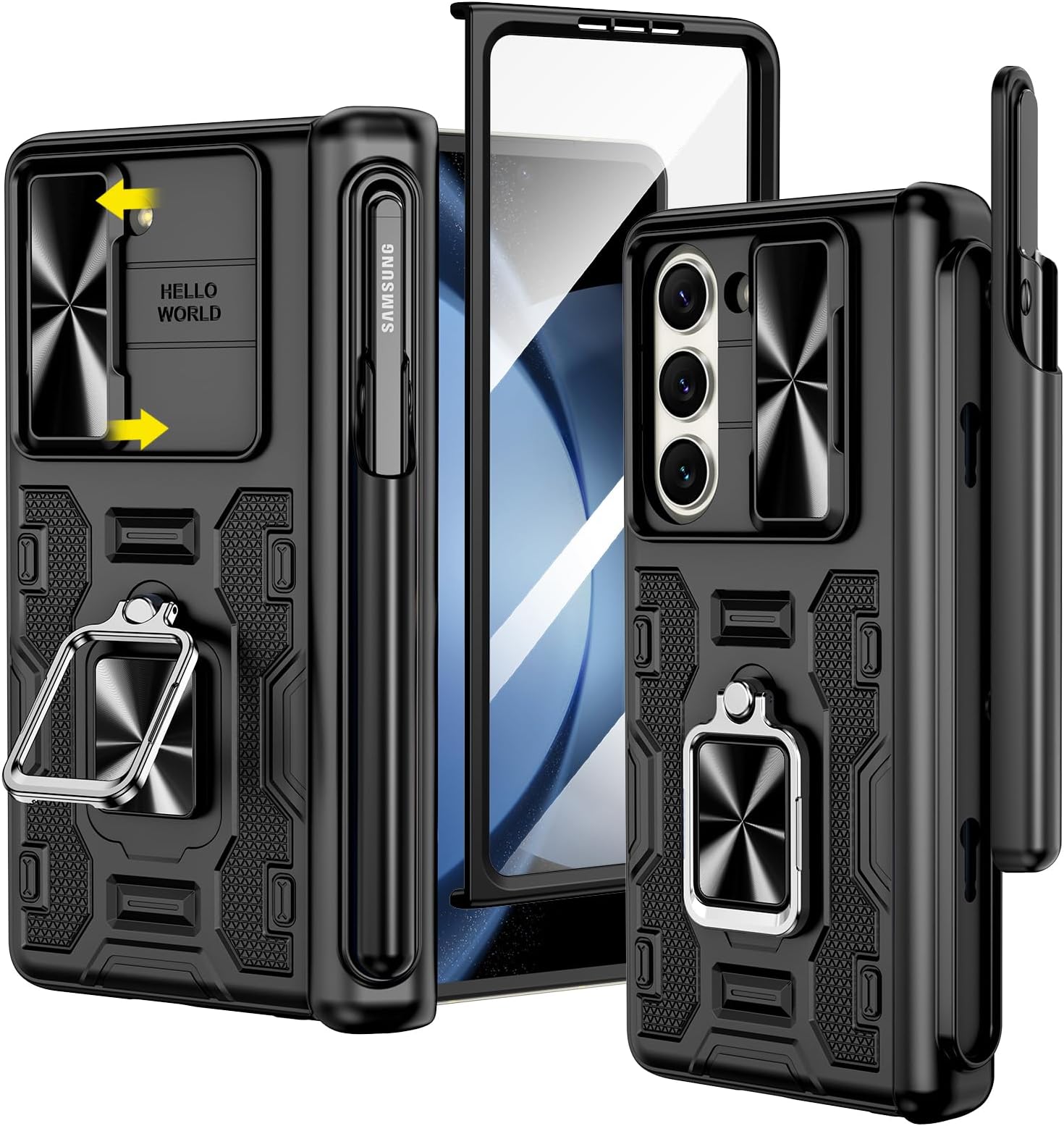 VEGO for Galaxy Z Fold 5 Case with S Pen Holder, [Hinge Protection][360°Ring Magnetic Kickstand][Slide Camera Cover][Front Screen Protector] Protective Case for Samsung Z Fold 5 5G - Midnight Black