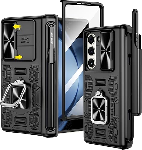 VEGO Funda para Galaxy Z Fold 5 con soporte para S Pen (protección de bisagra), soporte magnético de anillo de 360, cubierta de cámara deslizante,