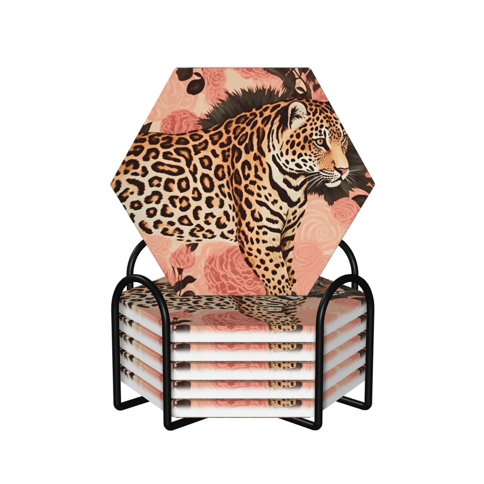 6Pcs Ceramics Coaster for Drinks, Striped Leopard Cup Coasters with Holder, Aesthetic Drink Coasters for Coffee Table, Absorbent Round Coaster for Tabletop Protection 4" Cup Mat Pad