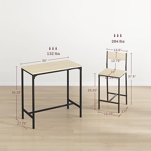 Miniatura 7 de HOMCOM Mesa de bar y sillas de 3 piezas, juego de mesa de comedor industrial para 2, mesa de cocina de altura de mostrador con taburetes de bar,