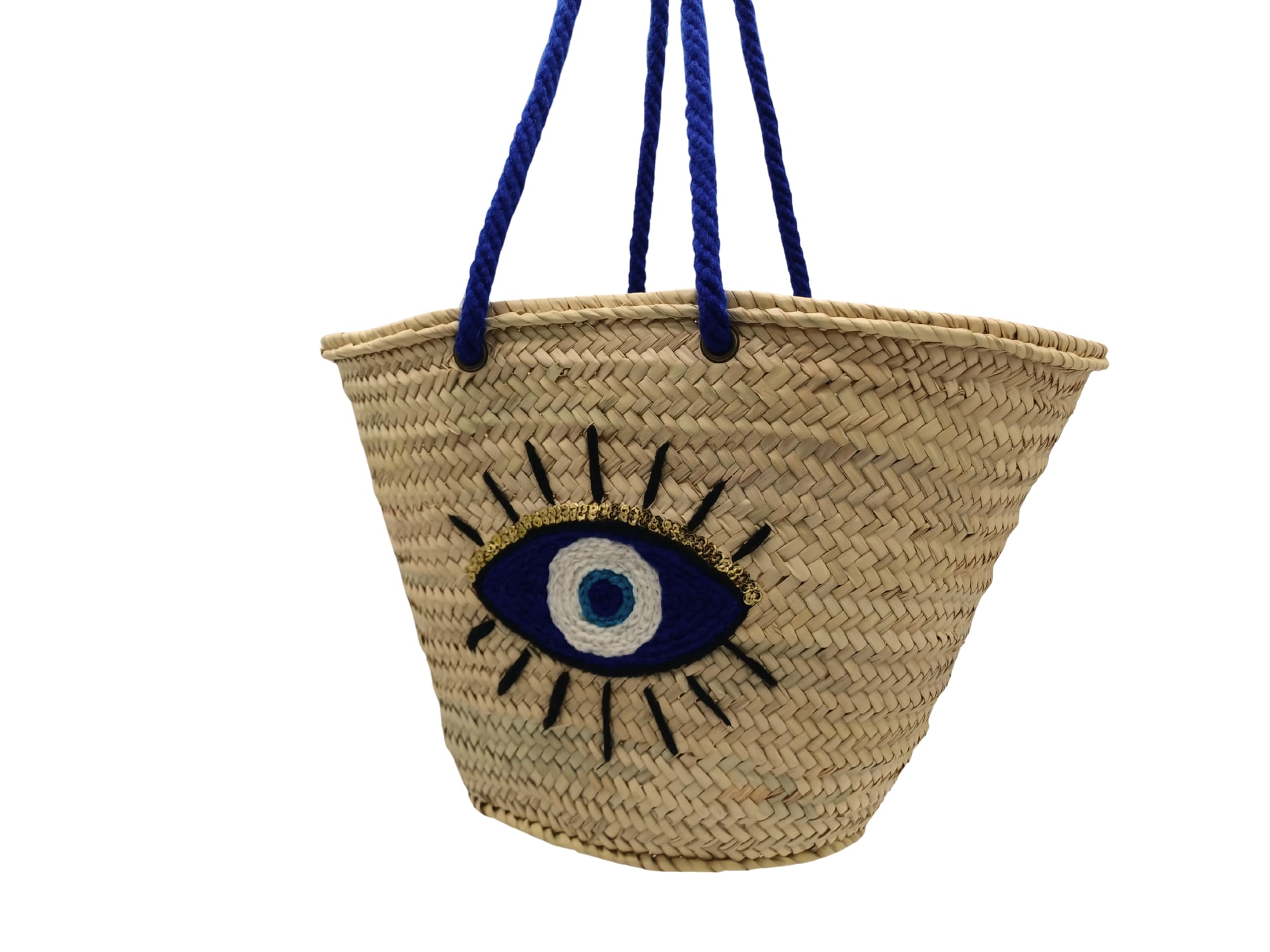 Bolso capazo de palma con dibujo de ojo de lana azul,asas largas azules, beige y azul 45x28x18cm