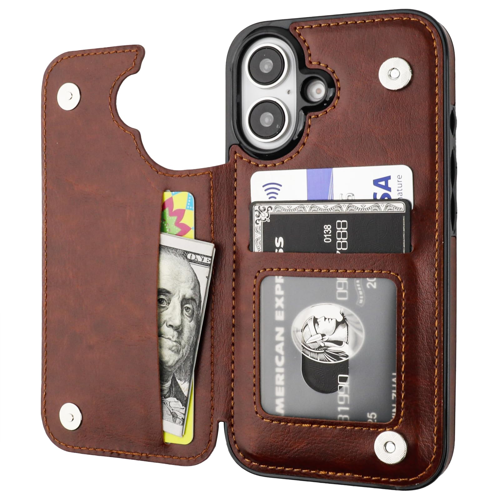 Onetop Compatible with iPhone 16 Wallet Case with Card Holder, PU Leather Kickstand Card Slots Case, Double Magnetic Clasp and Durable Shockproof Cover 6.1 Inch (Brown)