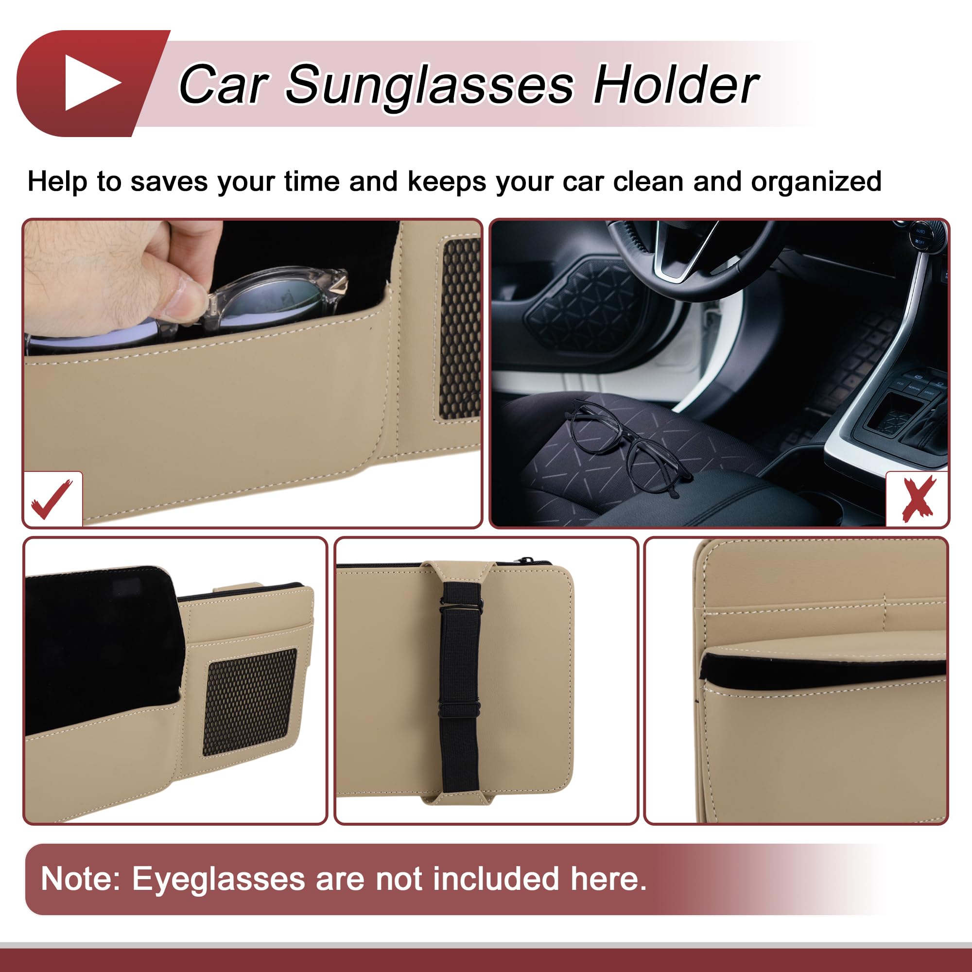 Étui À Lunettes De Soleil pour Voiture avec Pare-Soleil Magnétique Universel Étui À Lunettes De Soleil en Cuir Nappa Beige 34x16cm 1 Pc