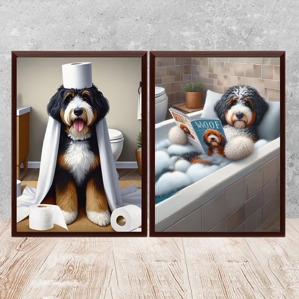 Kaility Funny Animals Dog in Bath Reading a Newspaper Prints Bernedoodle Toilet Paper Roll Wall Decor Pictures Bathroom Wall Posters 12x16inchx2pcs unframed