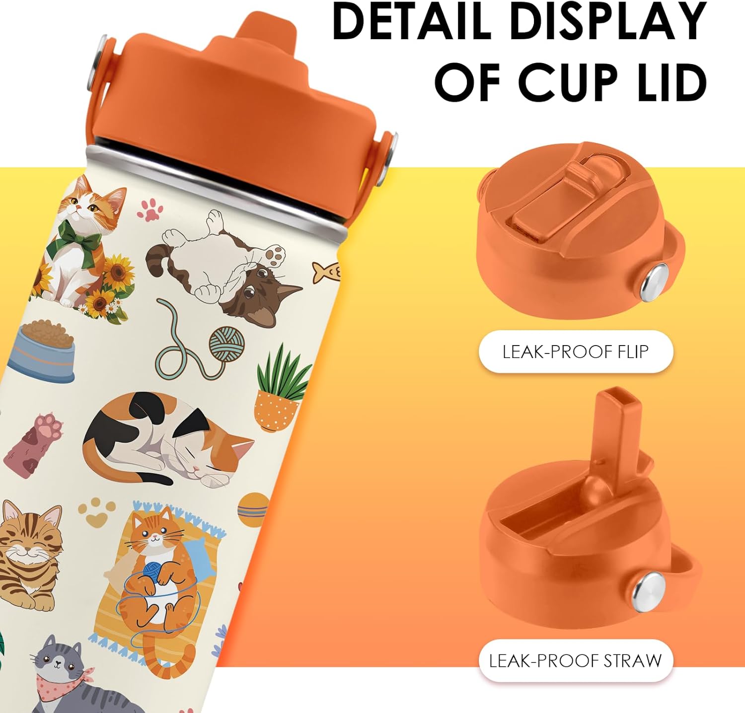 Cat Gifts for Kids - 16 Oz Orange Cat Water Bottle with Straw Lid, Stainless Steel Insulated Tumbler, Leak Proof, for Boys & Girls, School, Travel - Funny Cats Lovers Children Birthday Gifts Cups(1pc) - Image 4