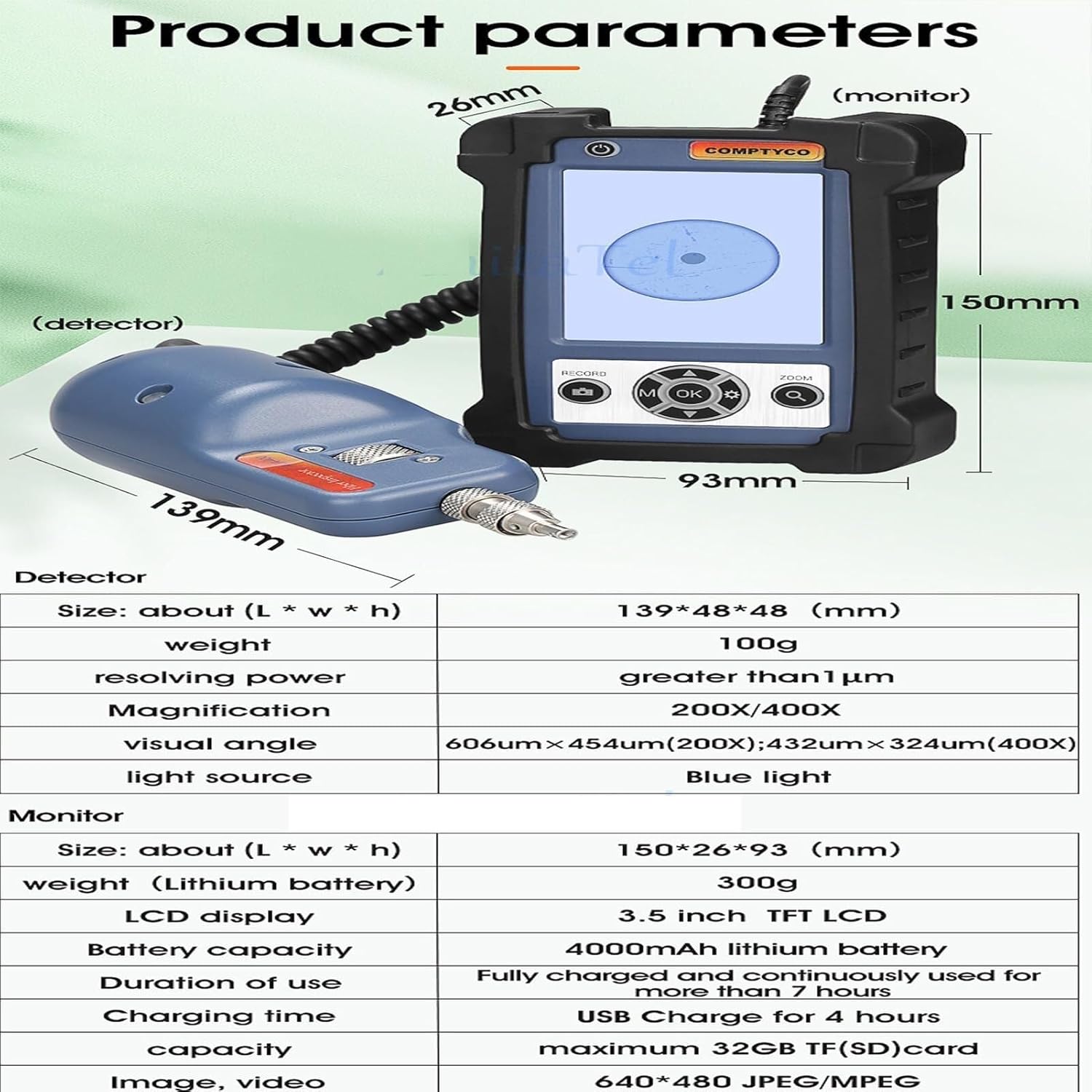 Fiber Optic Inspection Probe, 400X Microscope with 3.5" LCD, Portable Endface Inspector for APC/UPC with 4000mAh Battery