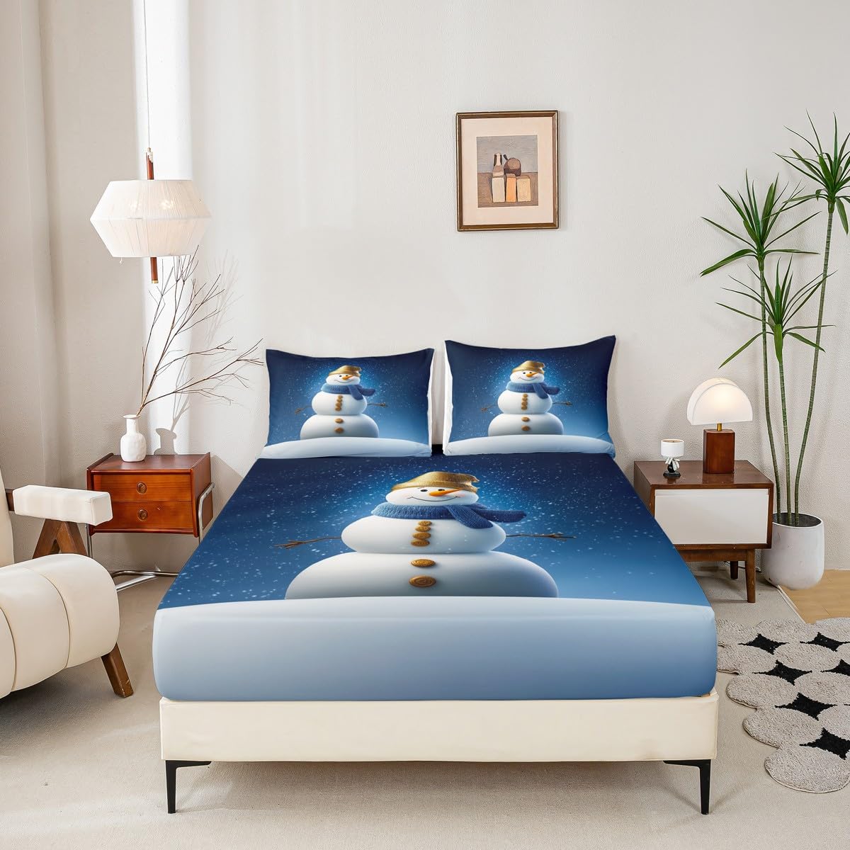 Homewish Uroczy bałwan prześcieradła podwójne Merry Christmas zestaw pościeli czapka Świętego Mikołaja bałwan zestaw pościeli - dla dzieci chłopców dziewcząt, szczęśliwego Nowego Roku dopasowane