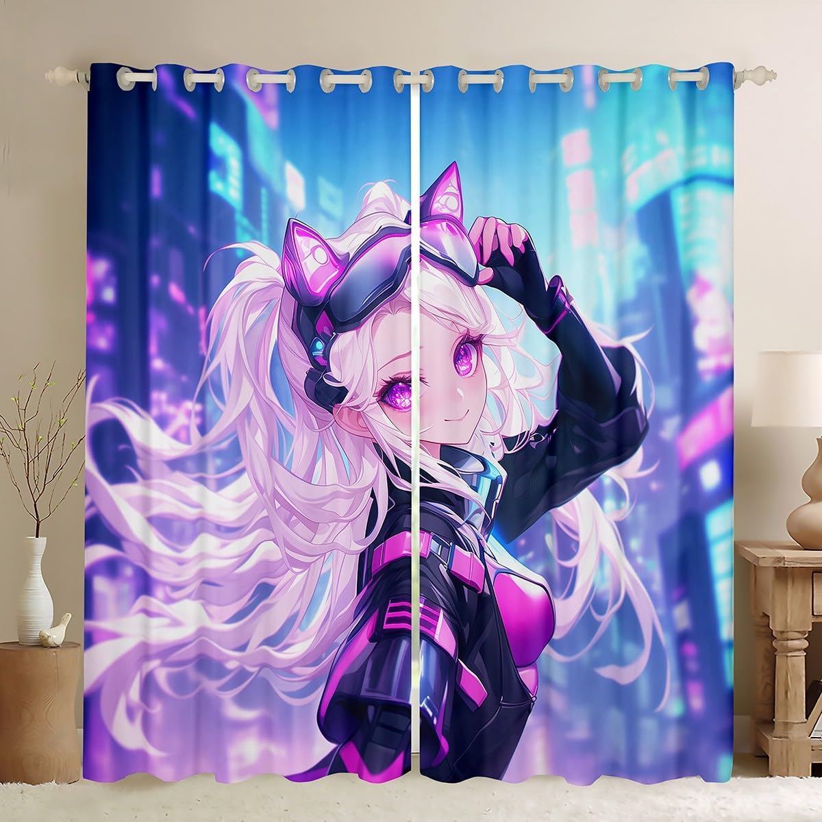 Erosebridal Japanese Anime Window Treatments Drapes, Kawaii Anime Girl Blackout Curtains 38" Wx45 L Cartoon Girl Window Curtains 2 Panel Sets, Japanese Animation Sci Fi Style Decor for Living Room