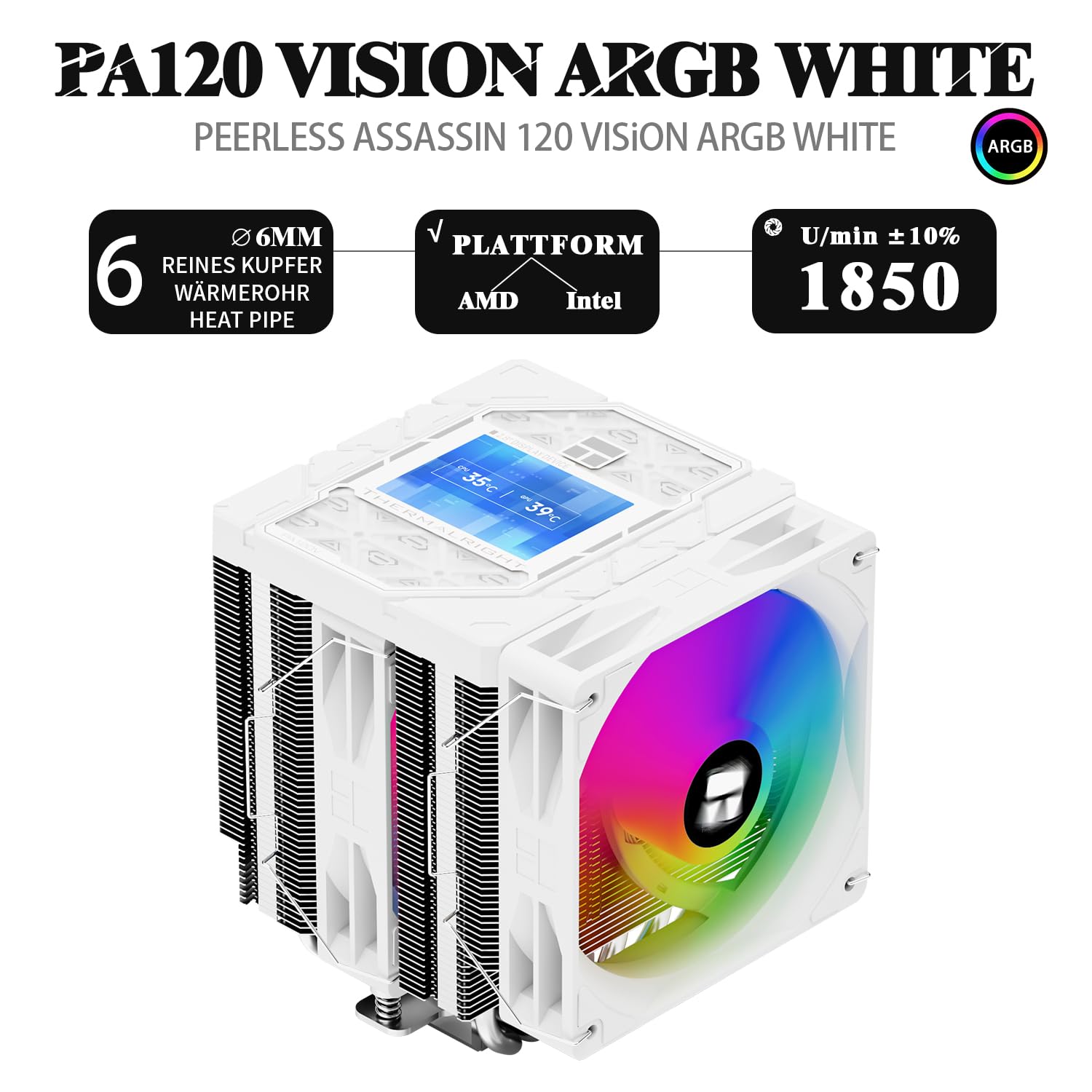 TR-Thermalright Peerless Assassin 120 Vision ARGB White Refroidisseur de processeur, double tour avec 6 caloducs et écran IPS de 2,8", compatible avec AM5/AM4, Intel LGA1851/1700/1150/1151/1200