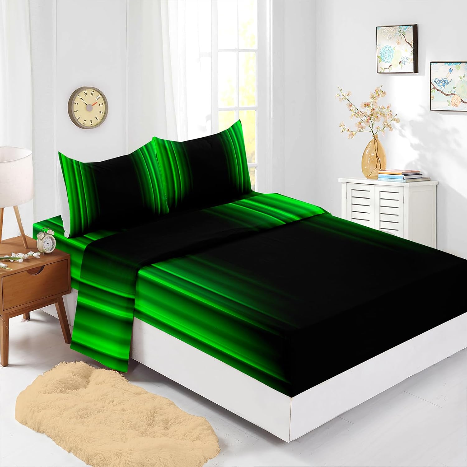 Nttopship Green and Black 4 Pieces Bed Sheet Sets Twin Size Abstract Ombre Bedding Sets with 16" Deep Pockets Abstract Ombre Bedroom Decor,Bedding Set 4 PCS(1 Fitted+1 Flat+2 Pillowcases)