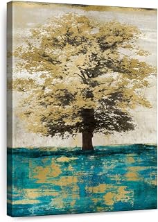 ElephantStock - Stately - Aqua With Gold Wall Art - Vertical Canvas Wall Art - Dining Room Wall Decor - Painting Trees Canvas Art - Teal And Gold Decor by Eric Turner - 8" x 12"