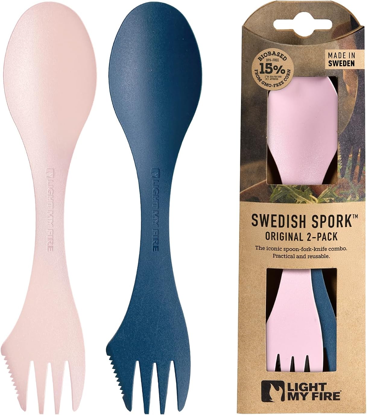 Light My Fire Spork Original 2-Pack 3-in-1 Camping Accessories Knife Fork Spoon Set, Survival Camping Gifts for Scouts, Reusable Travel Cutlery Set, Quality Plastic Cutlery BPA Free Sporks Blue/Pink