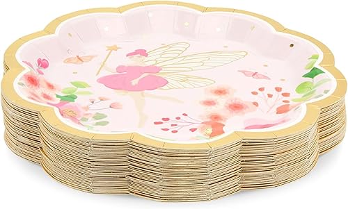 Miniatura 4 de Sparkle and Bash Platos de papel de fiesta de té de hadas para niñas, suministros de cumpleaños florales, paquete de 48 – Platos de hadas de 9