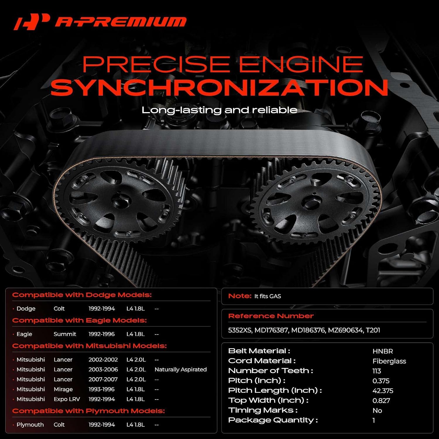A-Premium Engine Timing Belt Compatible with Mitsubishi Mirage 1993-1996, Lancer 2002-2007, Expo LRV 1992-1994 & Dodge Colt 1992-1994 & Eagle Summit 1992-1996 & Plymouth Colt 1992-1994, 1.8L 2.0L