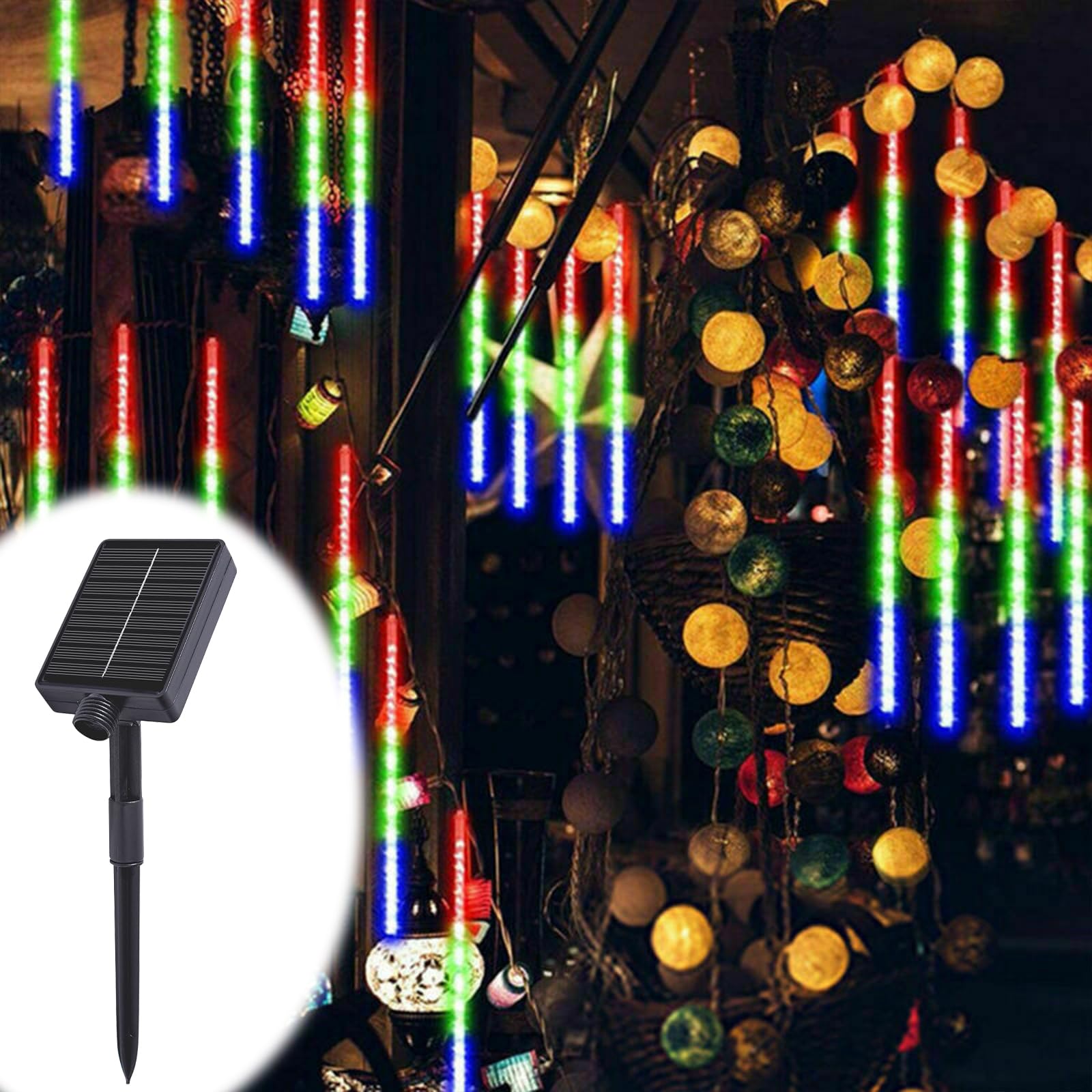 ACESOME Solar Outdoor Christmas Lights, Meteor Shower Lights, 30CM 8 Tube Icicle Lights Outdoor, Waterproof Falling Rain Light for Halloween, Xmas Decorations, Window, Wedding & Party (Colorful)